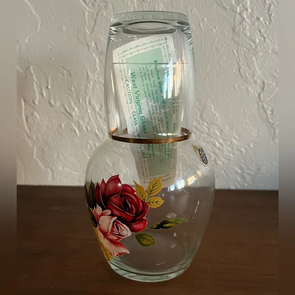 🌹West Virginia Paladium 22K Gold Floral Glass Carafe with Red and White Roses🌹 - Picture 2 of 12